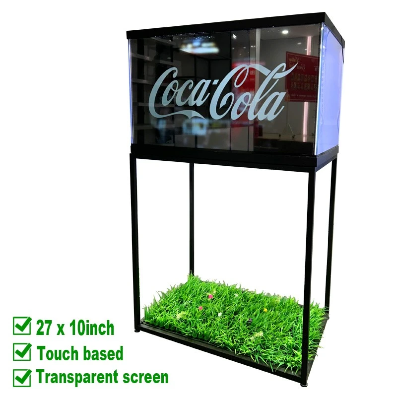 Pantalla táctil transparente con soporte de suelo de metal 27x10